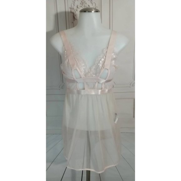 Oh La La Cheri Other - Oh La La Cheri Mesh & Eyelash Lace Pink A-line Babydoll Chemise Lingerie Sz M-L